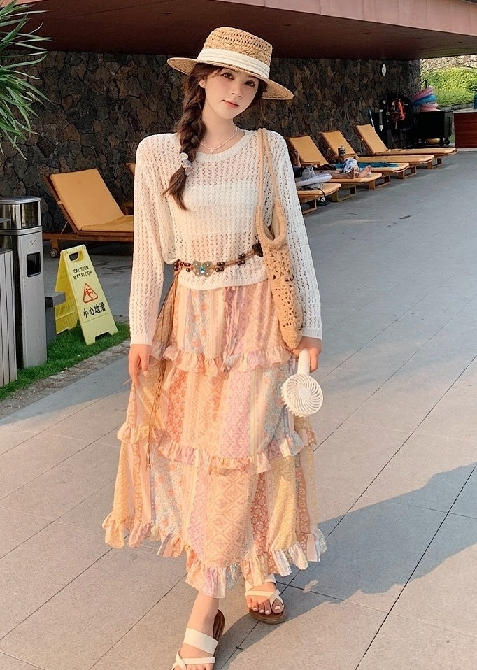 Bohemian Knit Hollow Out Cardigan Skirt Set