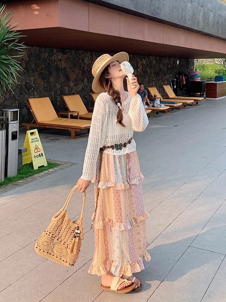 Bohemian Knit Hollow Out Cardigan Skirt Set
