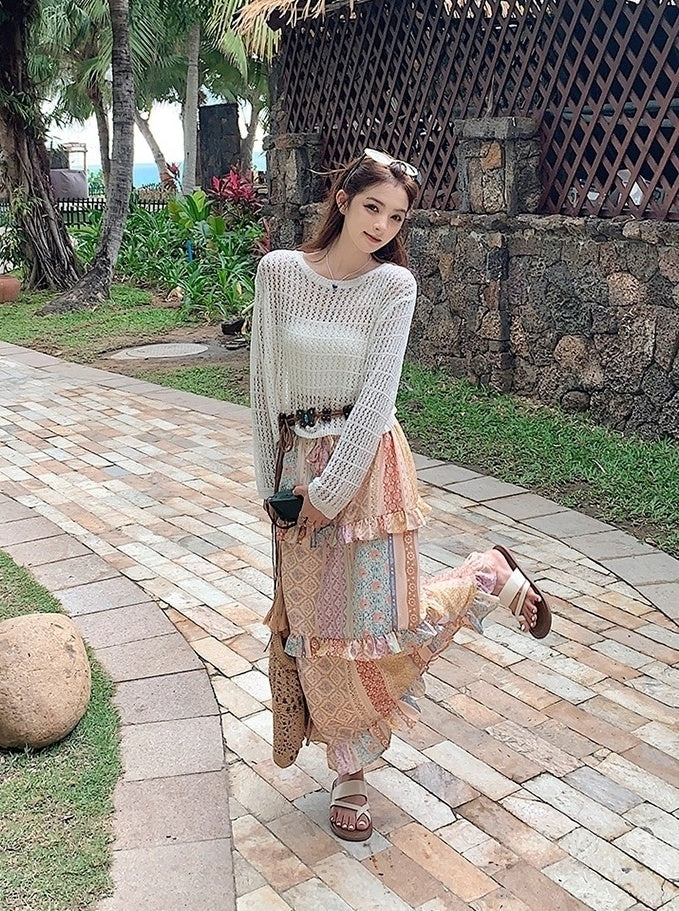 Bohemian Knit Hollow Out Cardigan Skirt Set