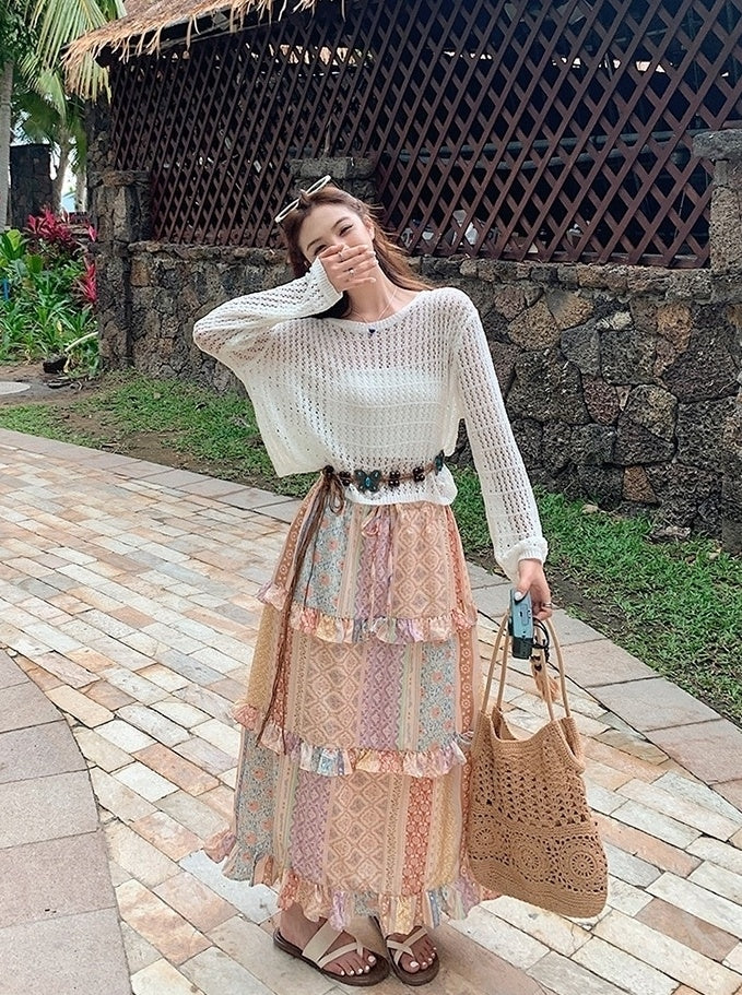 Bohemian Knit Hollow Out Cardigan Skirt Set