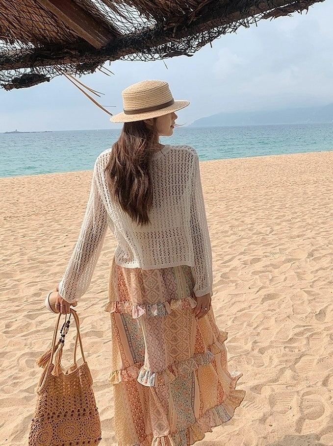 Bohemian Knit Hollow Out Cardigan Skirt Set