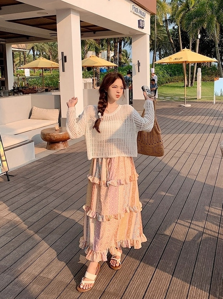 Bohemian Knit Hollow Out Cardigan Skirt Set