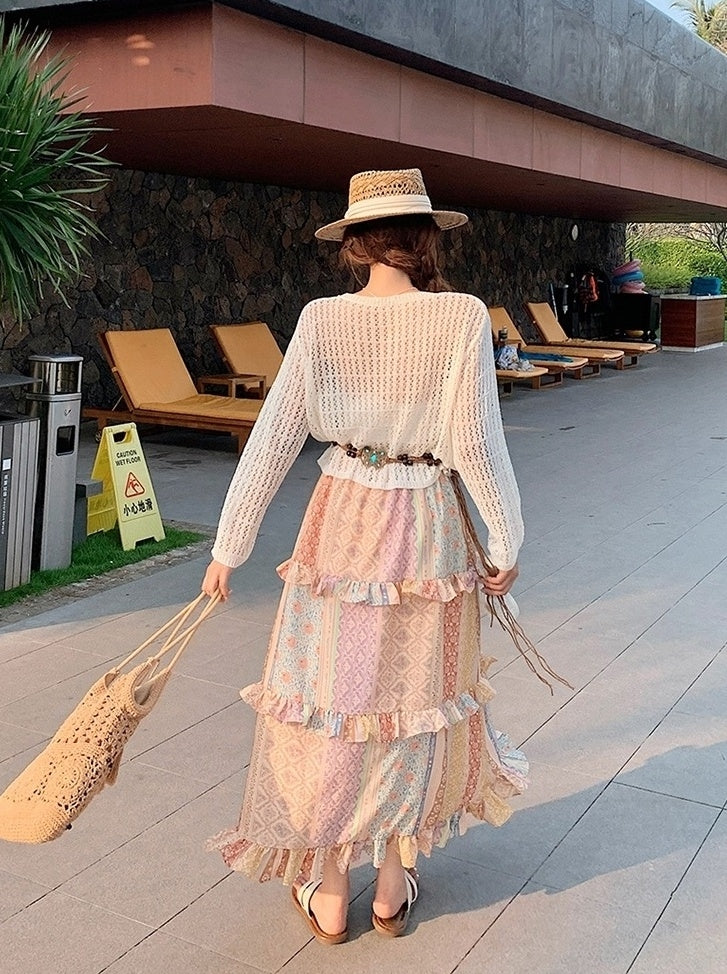 Bohemian Knit Hollow Out Cardigan Skirt Set