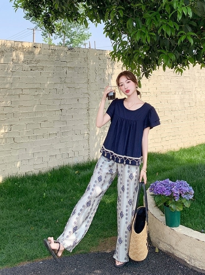 Bohemian Vacation Pleated Top Wide Leg Pants Set