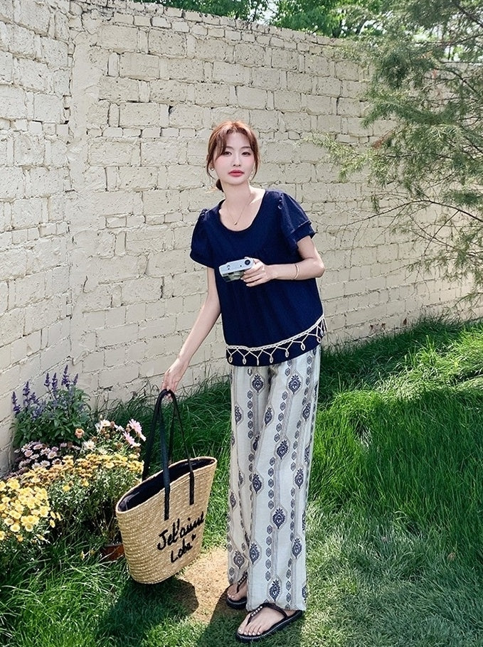 Bohemian Vacation Pleated Top Wide Leg Pants Set