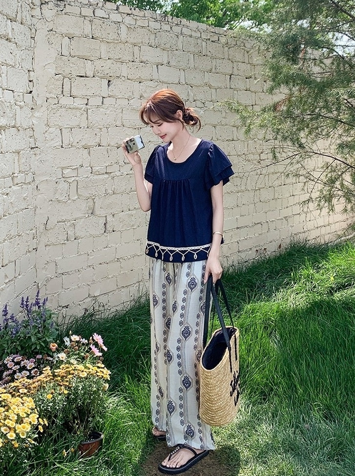 Bohemian Vacation Pleated Top Wide Leg Pants Set