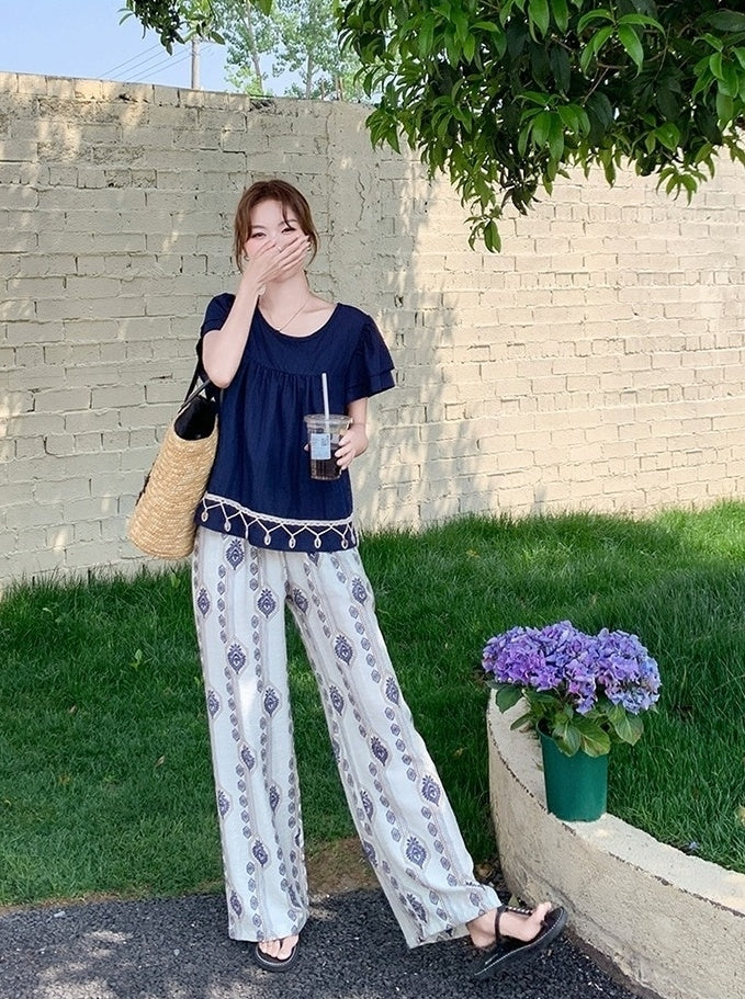 Bohemian Vacation Pleated Top Wide Leg Pants Set
