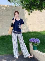 Bohemian Vacation Pleated Top Wide Leg Pants Set