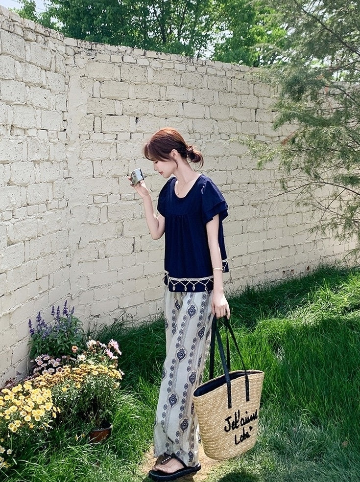 Bohemian Vacation Pleated Top Wide Leg Pants Set