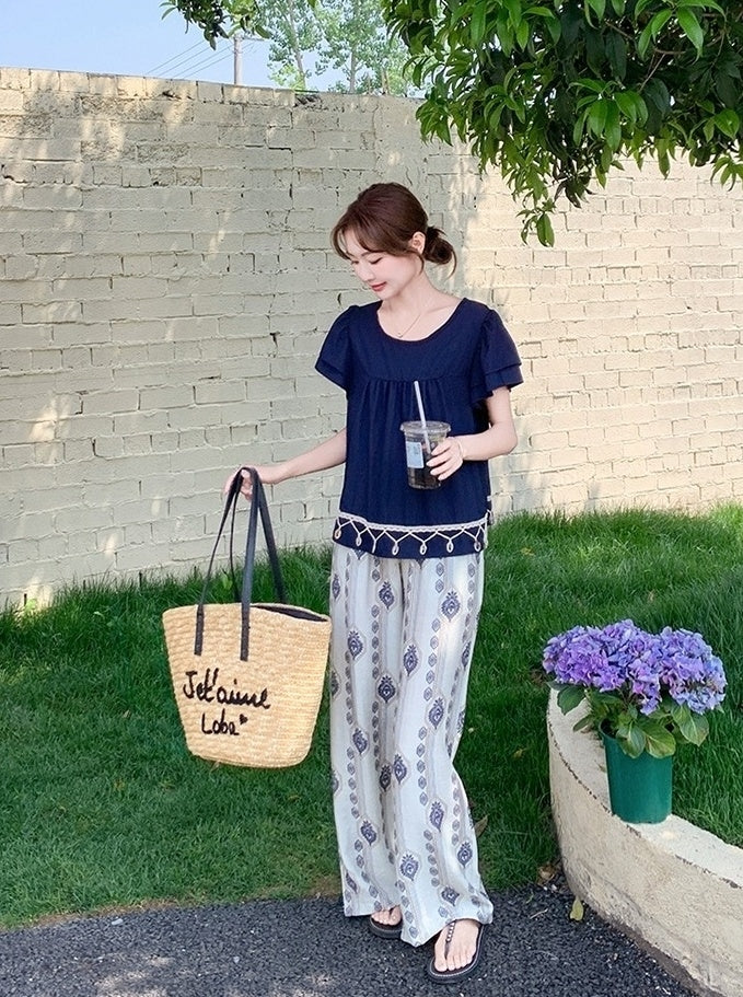 Bohemian Vacation Pleated Top Wide Leg Pants Set