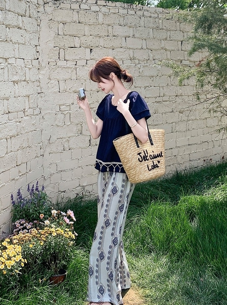 Bohemian Vacation Pleated Top Wide Leg Pants Set