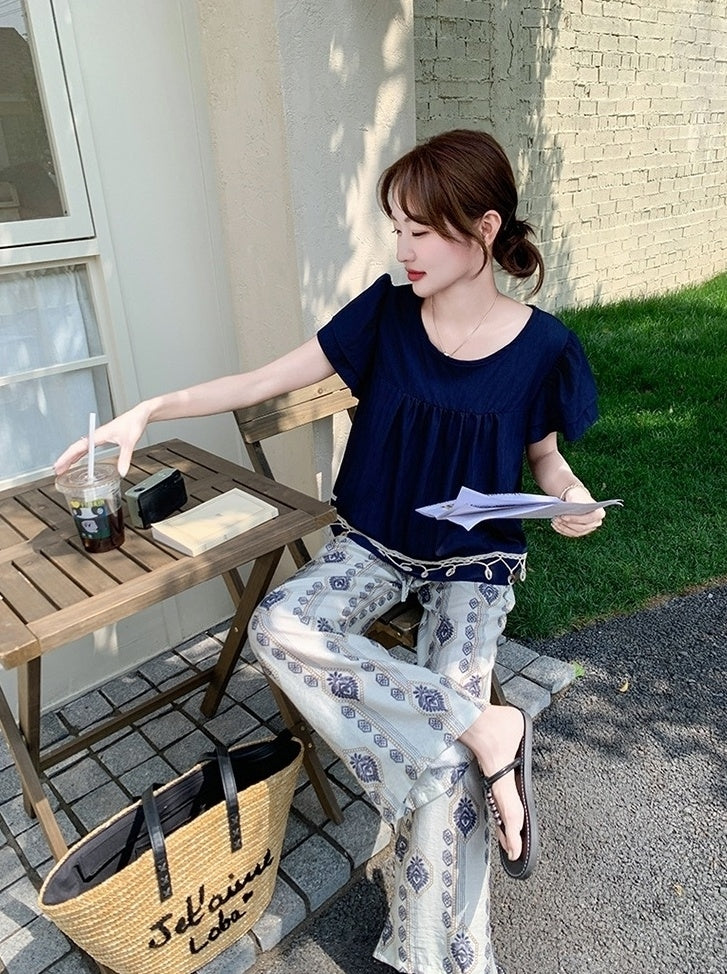 Bohemian Vacation Pleated Top Wide Leg Pants Set