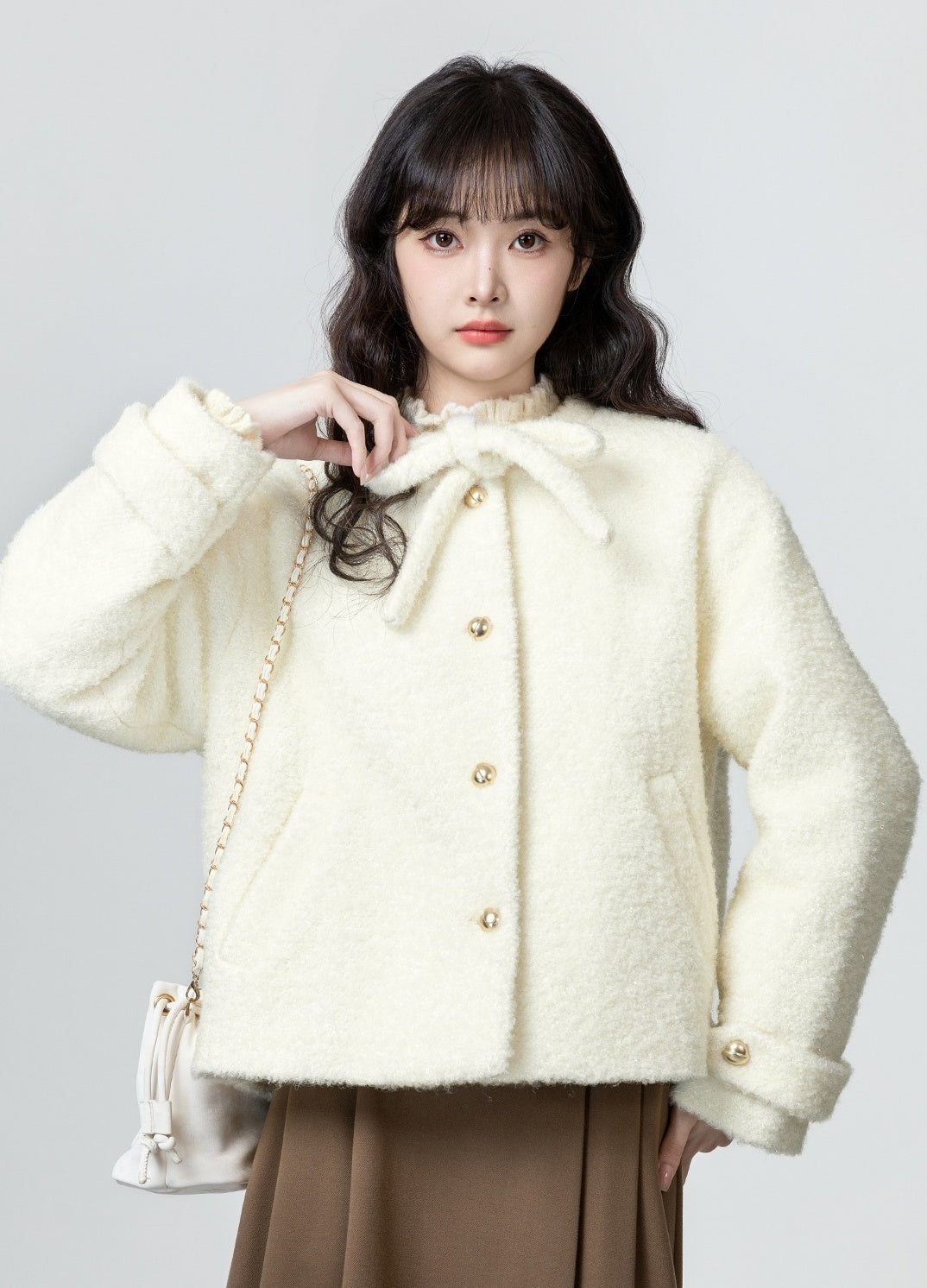 Bow Tie Quilted Furry Cardigan Coat