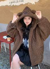 Brown Bear Ears Hooded Plush Jacket