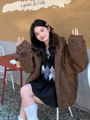Brown Bear Ears Hooded Plush Jacket
