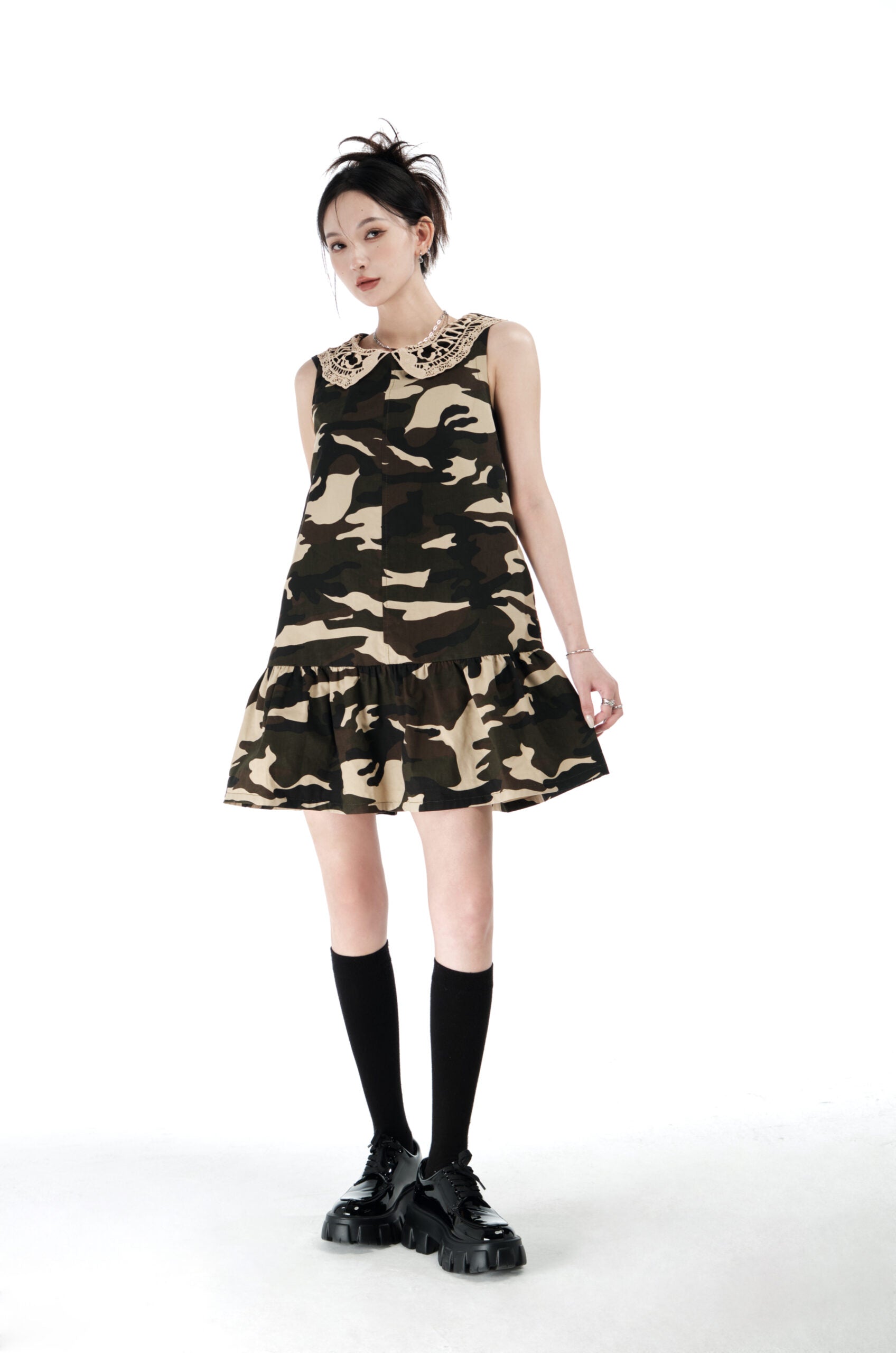 Brown Camouflage Lace Collared Dress