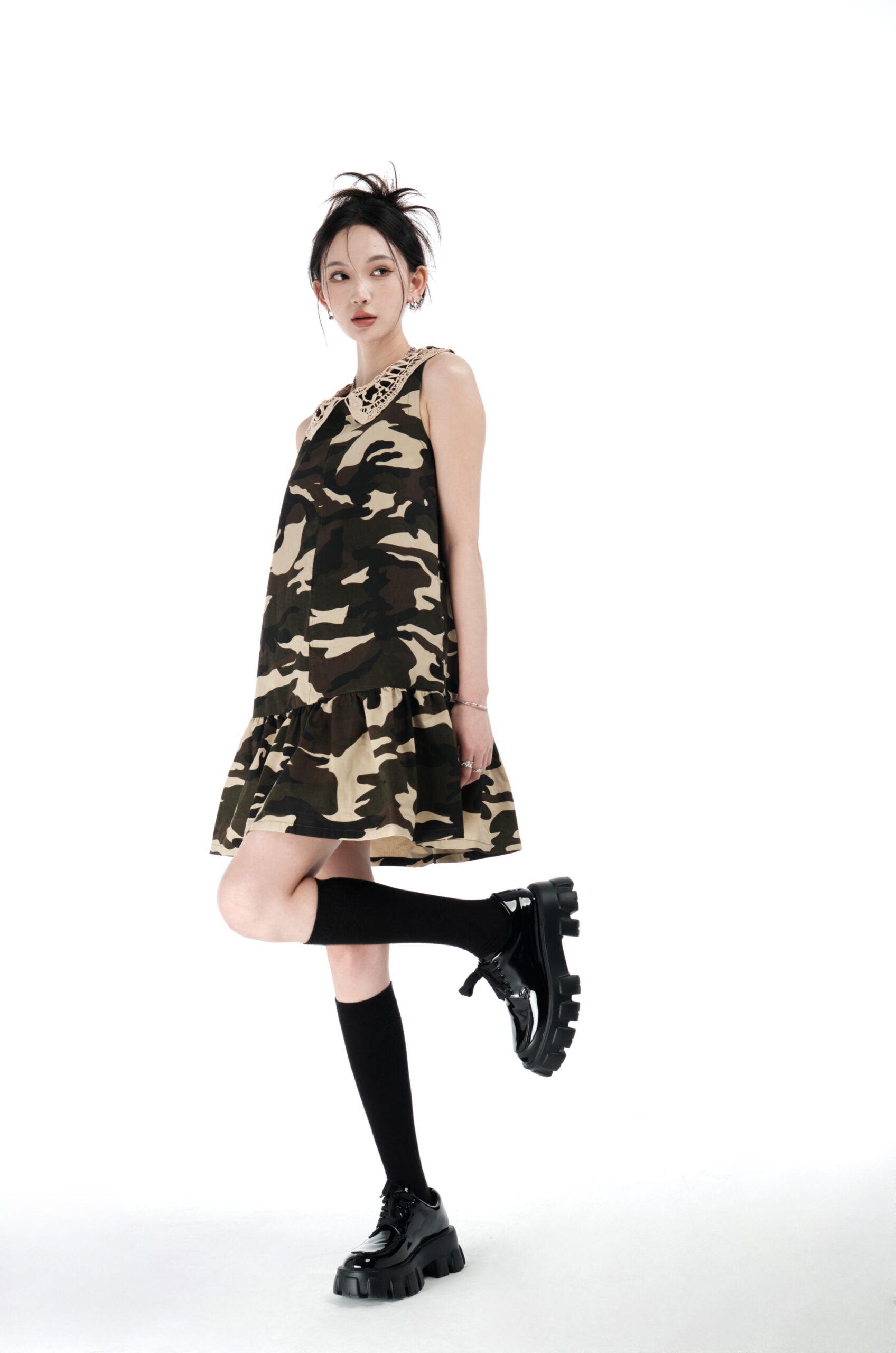 Brown Camouflage Lace Collared Dress