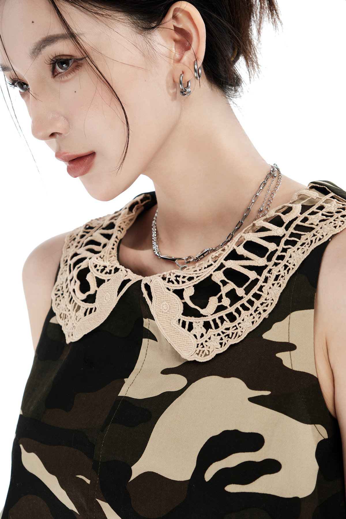 Brown Camouflage Lace Collared Dress