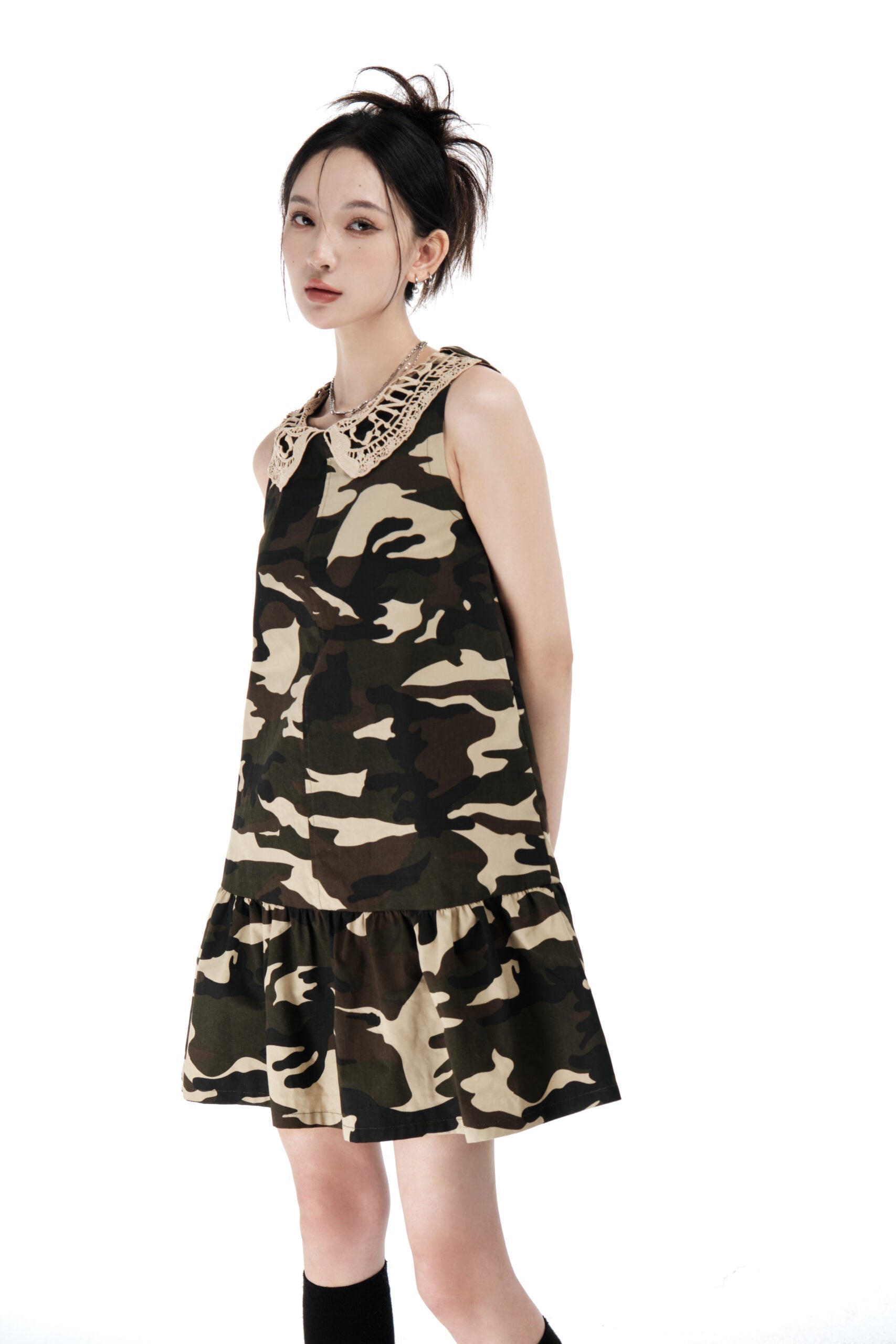 Brown Camouflage Lace Collared Dress