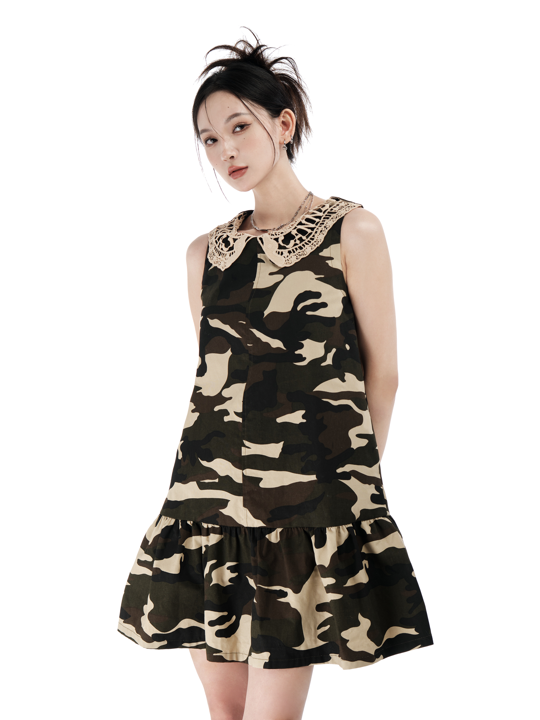 Brown Camouflage Lace Collared Dress