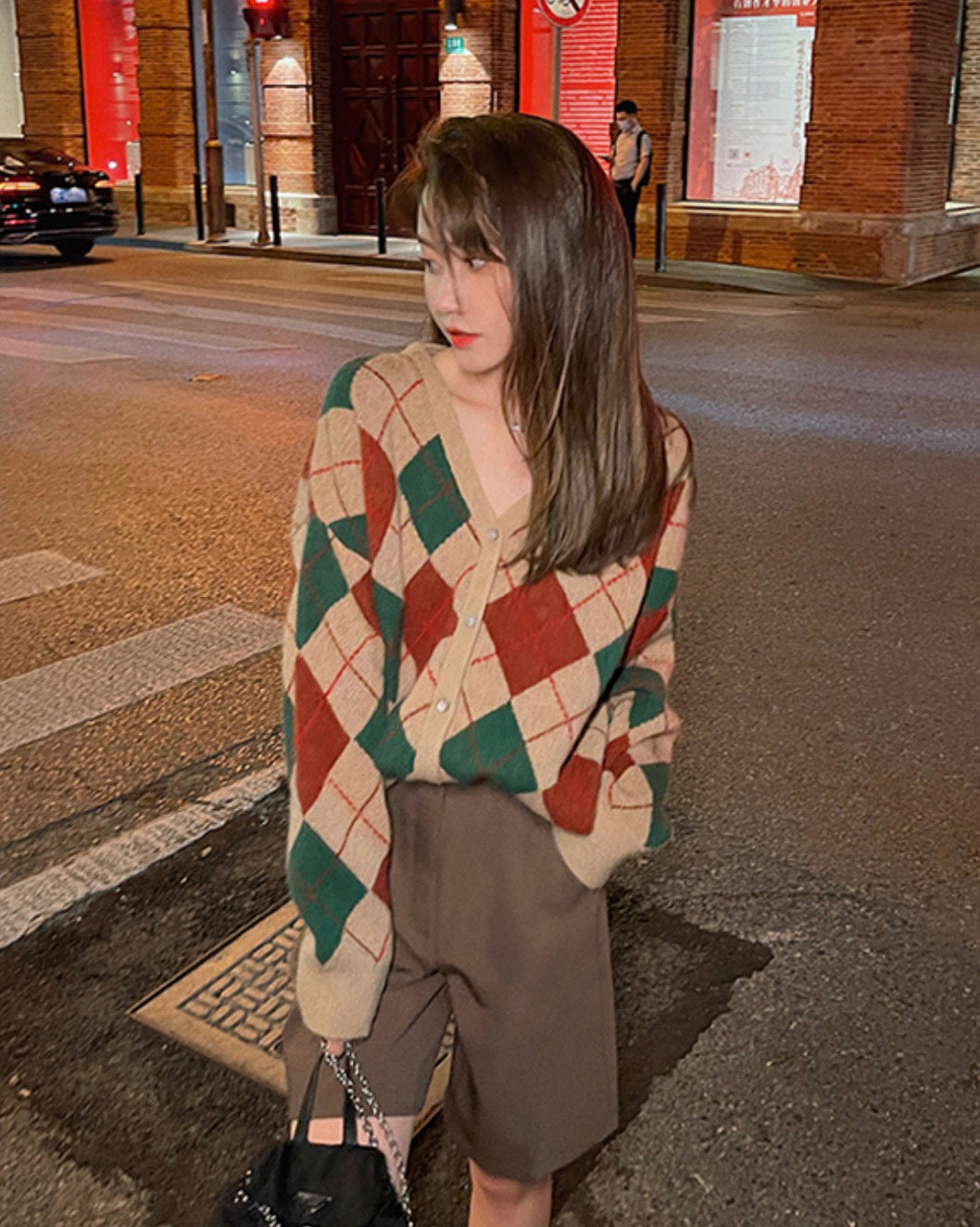 Brown Classic Argyle Pattern Knit Cardigan