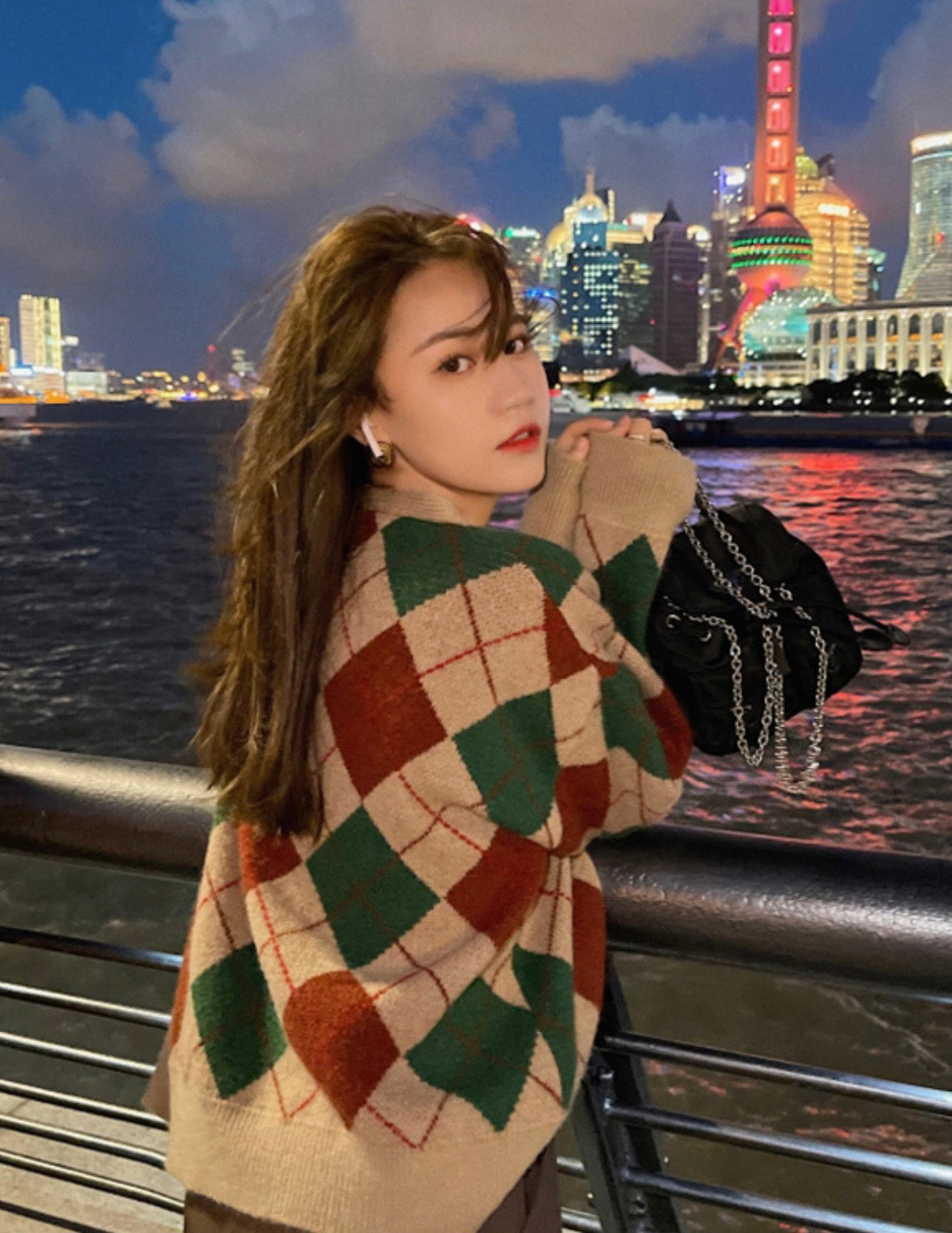 Brown Classic Argyle Pattern Knit Cardigan