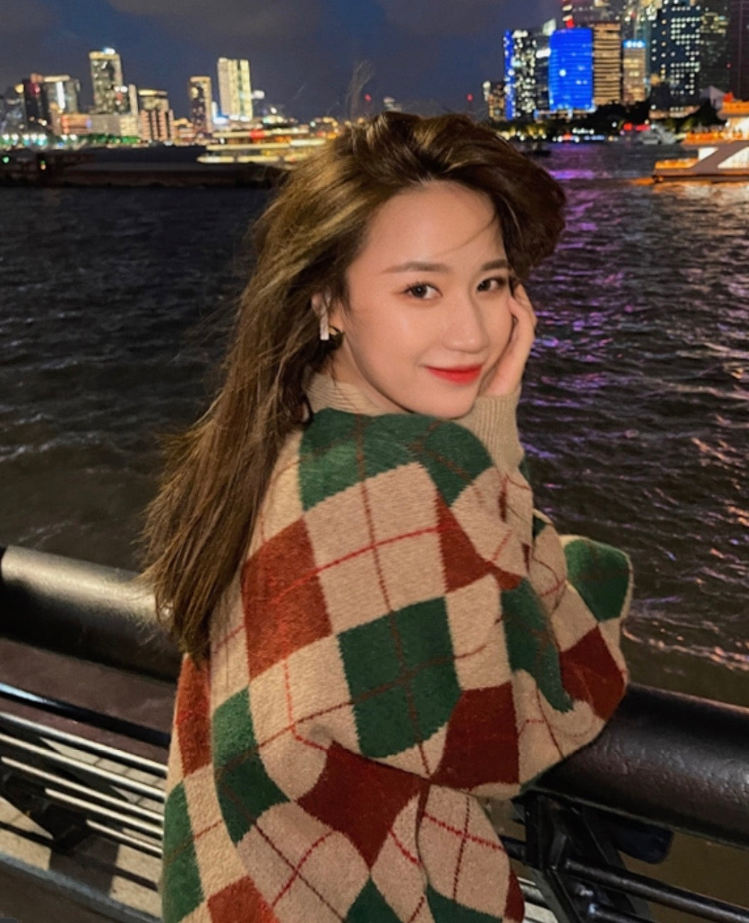 Brown Classic Argyle Pattern Knit Cardigan