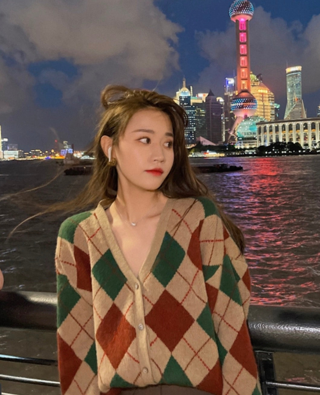 Brown Classic Argyle Pattern Knit Cardigan