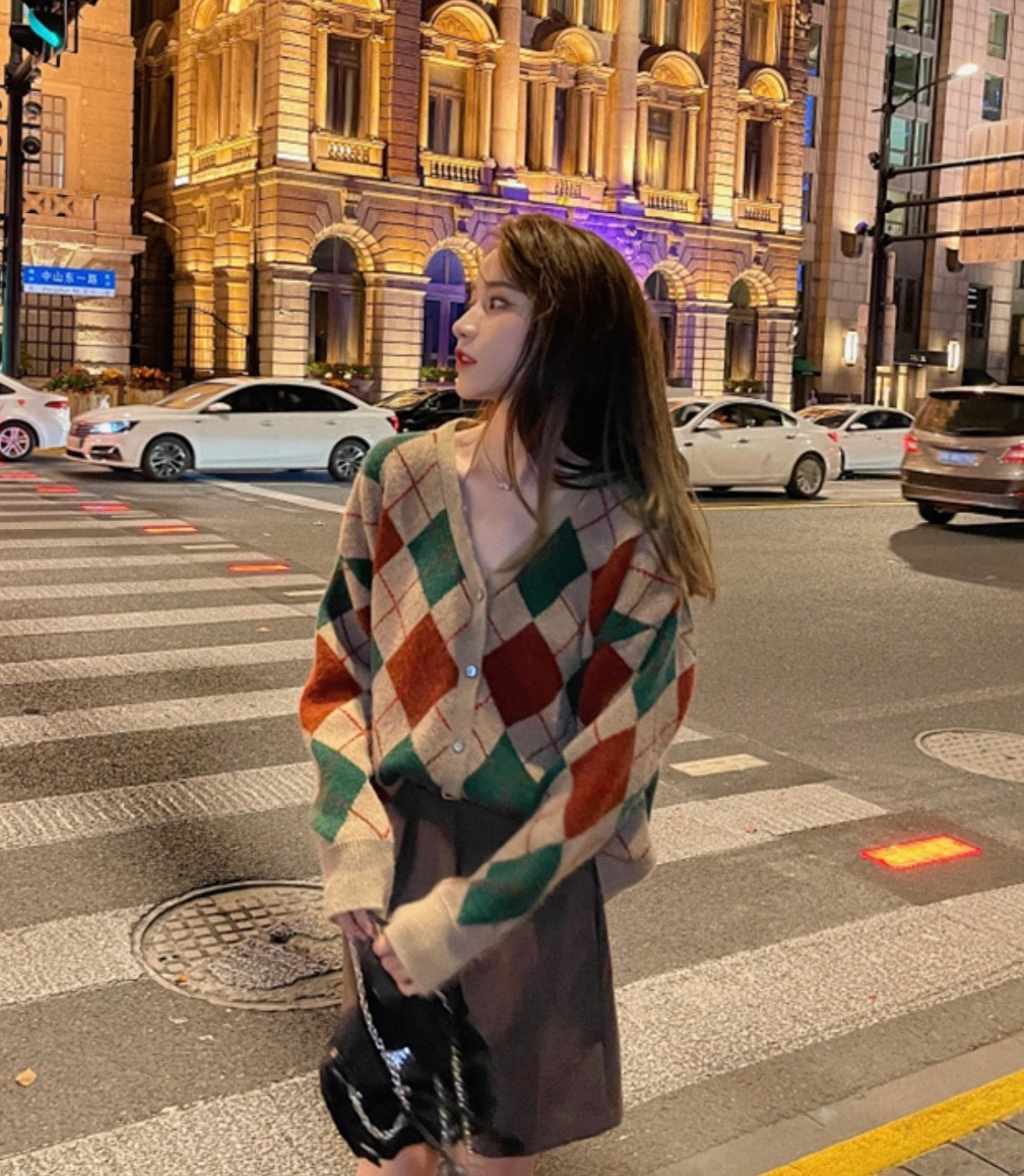 Brown Classic Argyle Pattern Knit Cardigan