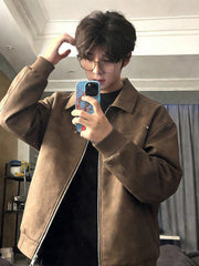 Brown Collared Faux Leather Casual Jacket