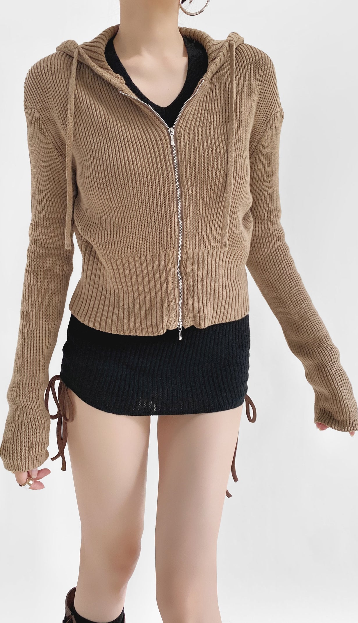 Brown Comfy Ribbed Hooded Jacket