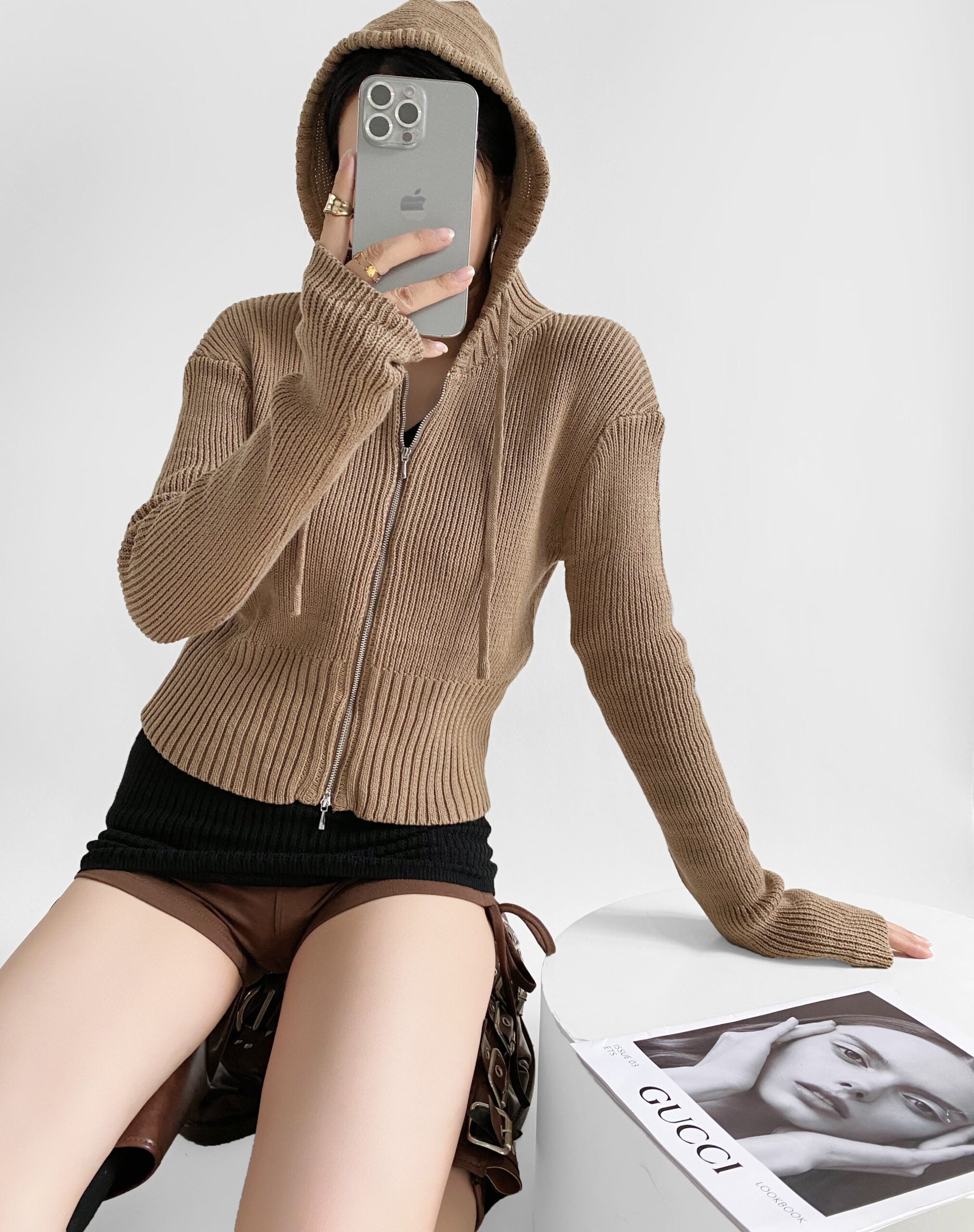 Brown Comfy Ribbed Hooded Jacket