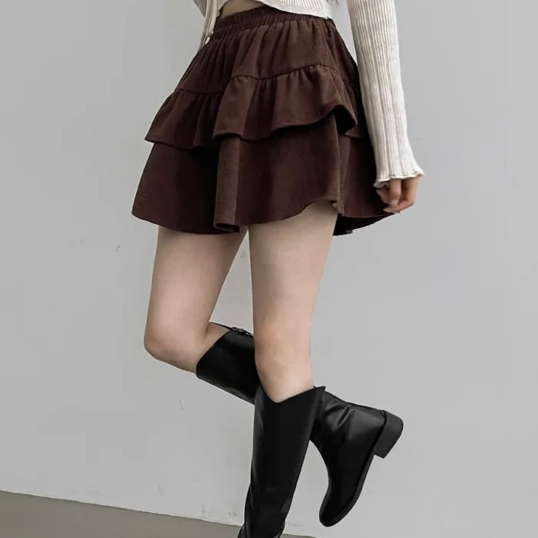 Brown Corduroy Style Layered Skirt