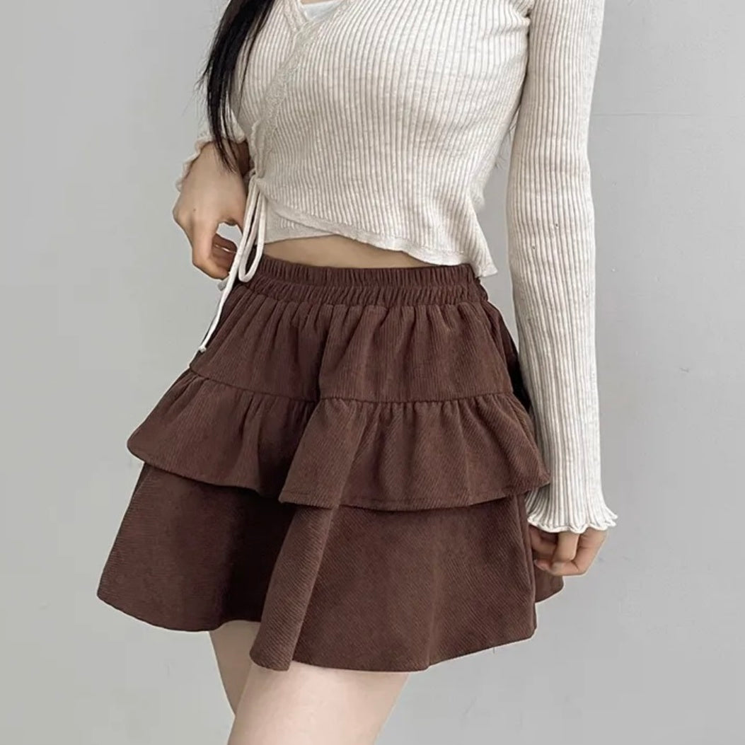 Brown Corduroy Style Layered Skirt