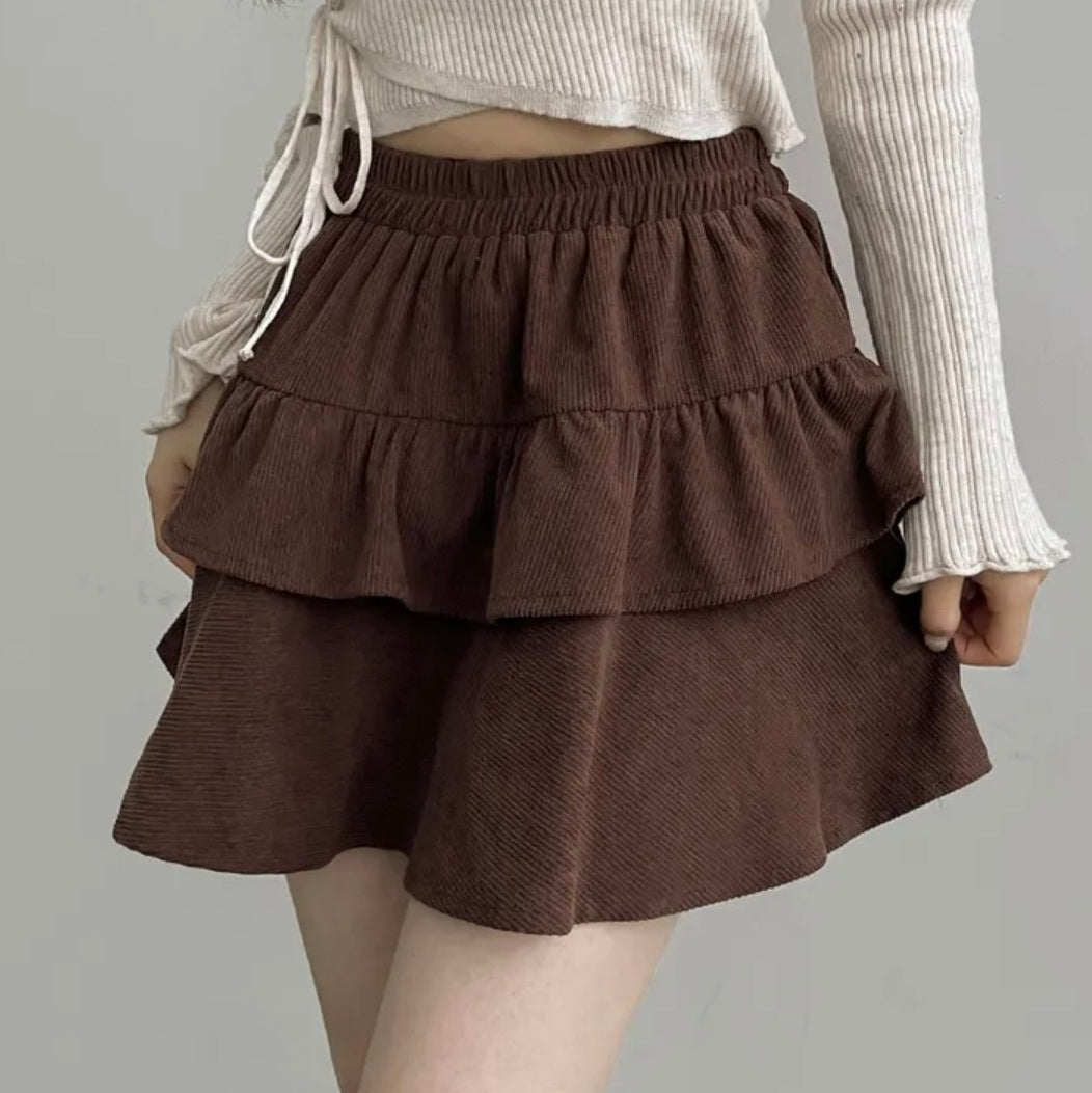 Brown Corduroy Style Layered Skirt