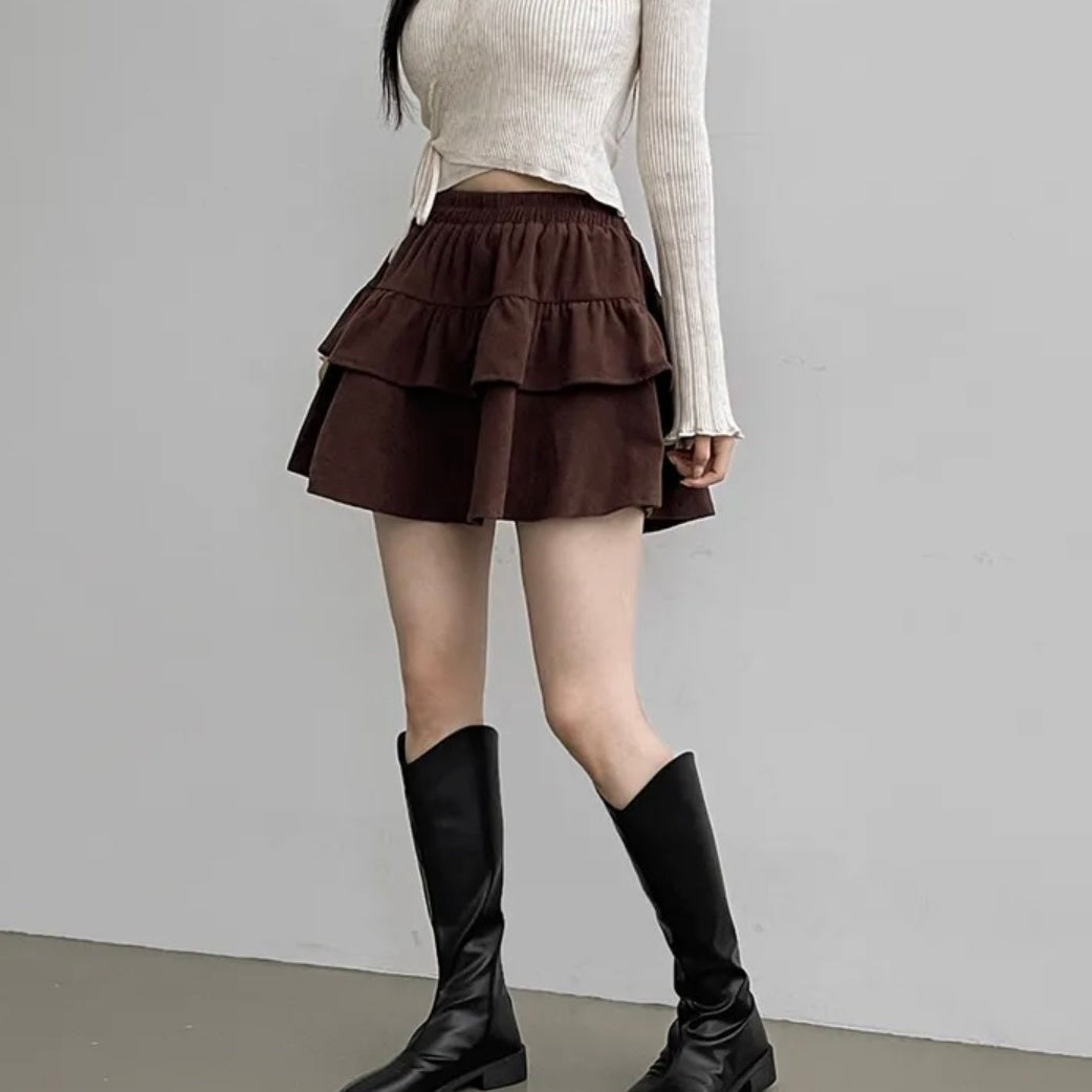Brown Corduroy Style Layered Skirt