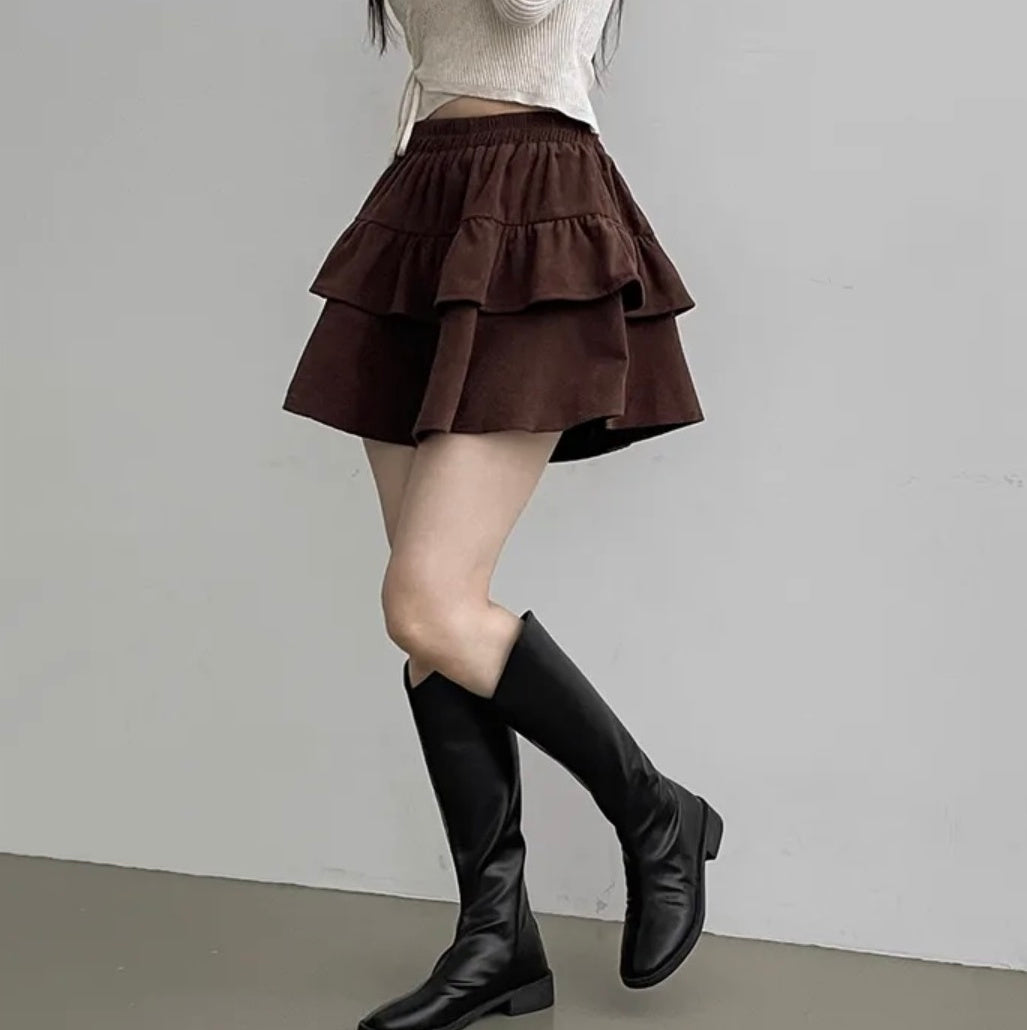 Brown Corduroy Style Layered Skirt