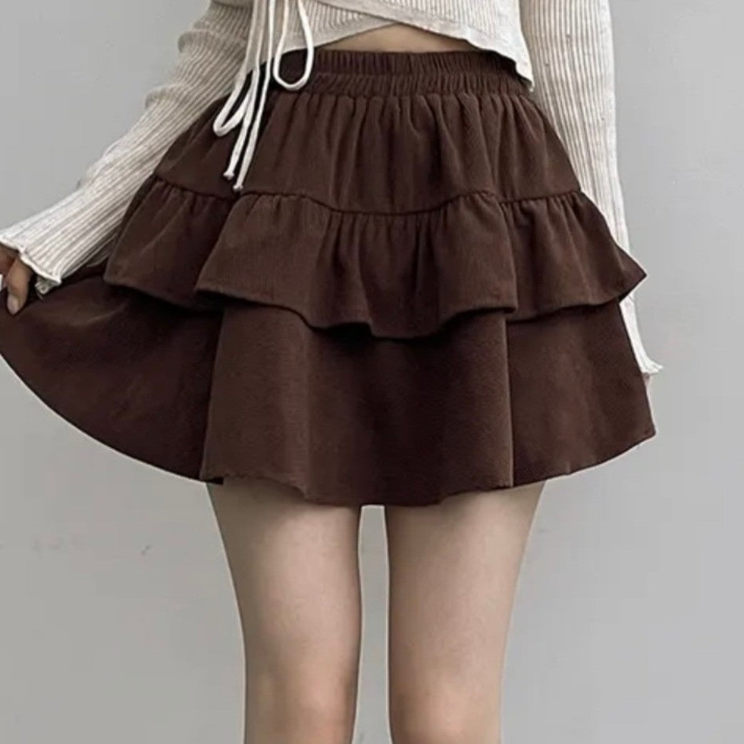 Brown Corduroy Style Layered Skirt