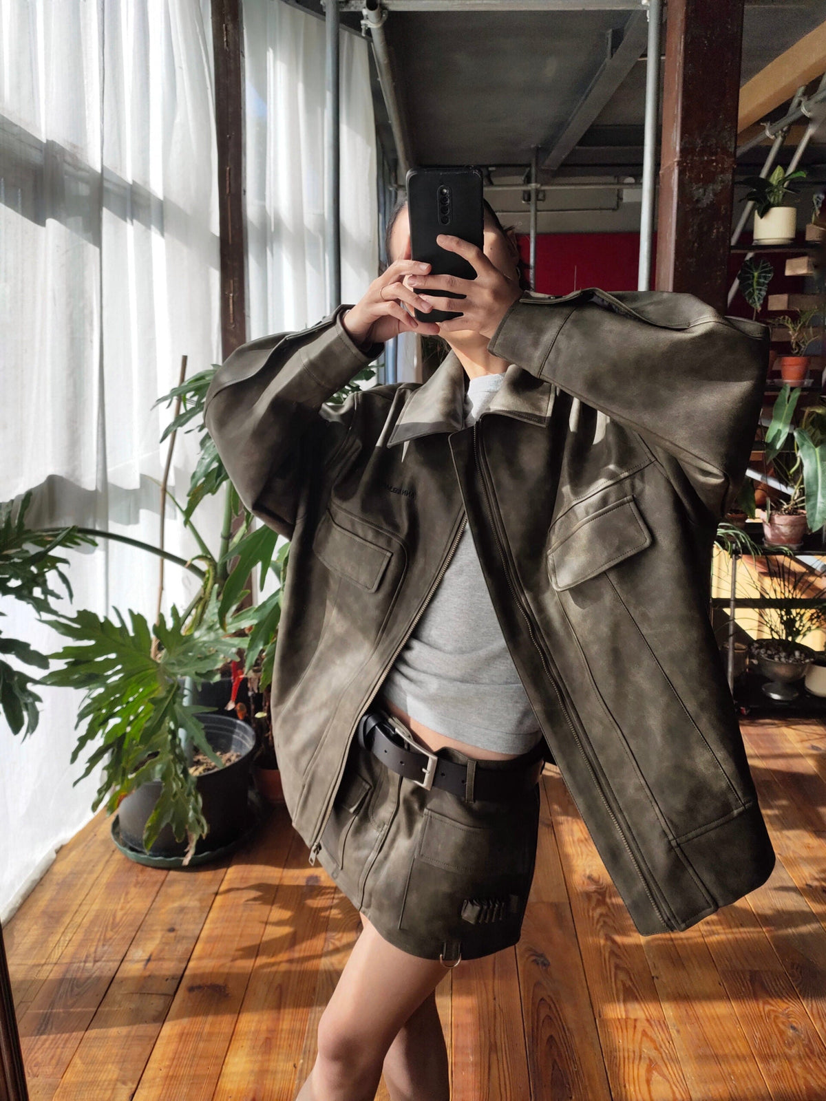Brown Distressed Leather Cargo Mini Skirt