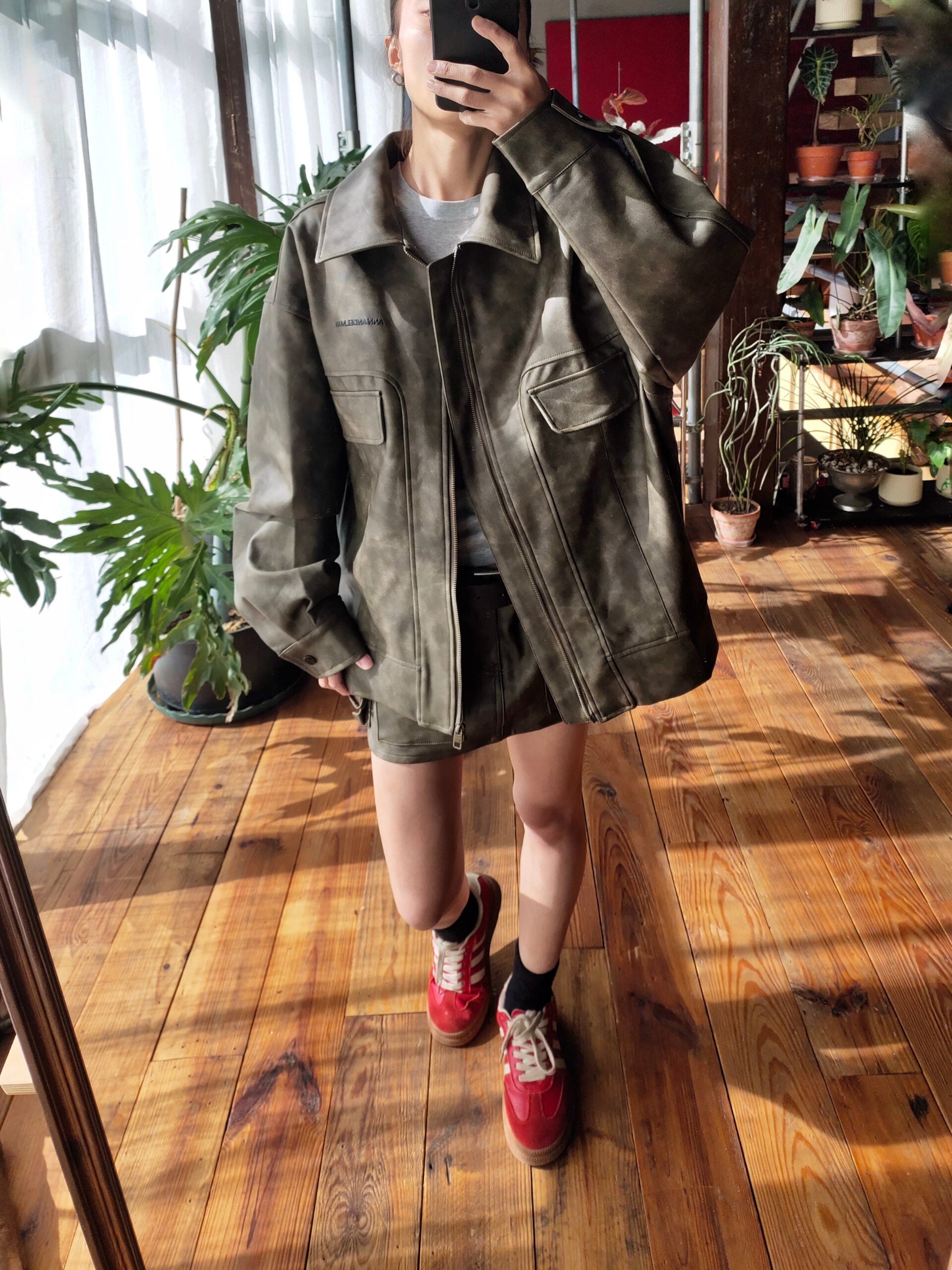 Brown Distressed Leather Cargo Mini Skirt