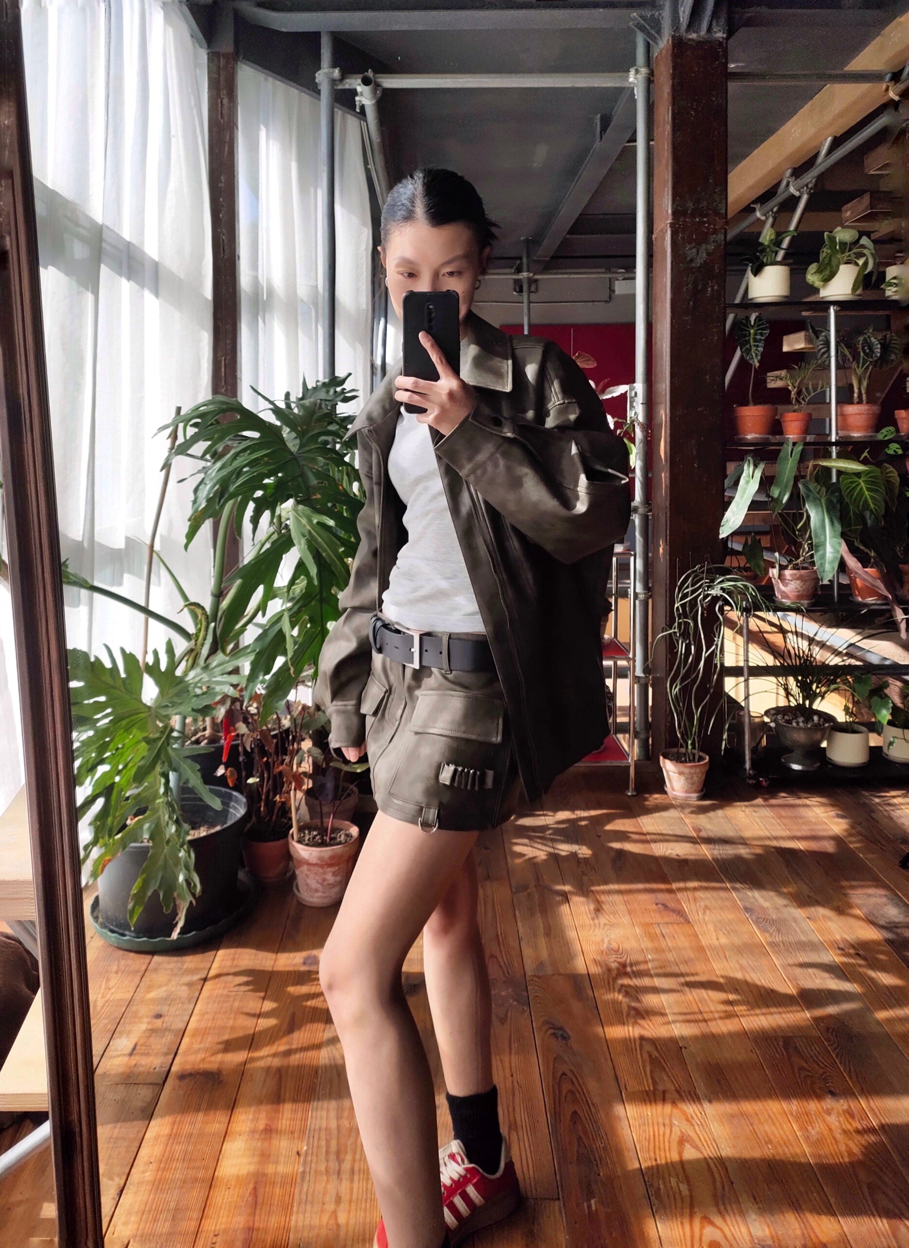 Brown Distressed Leather Cargo Mini Skirt