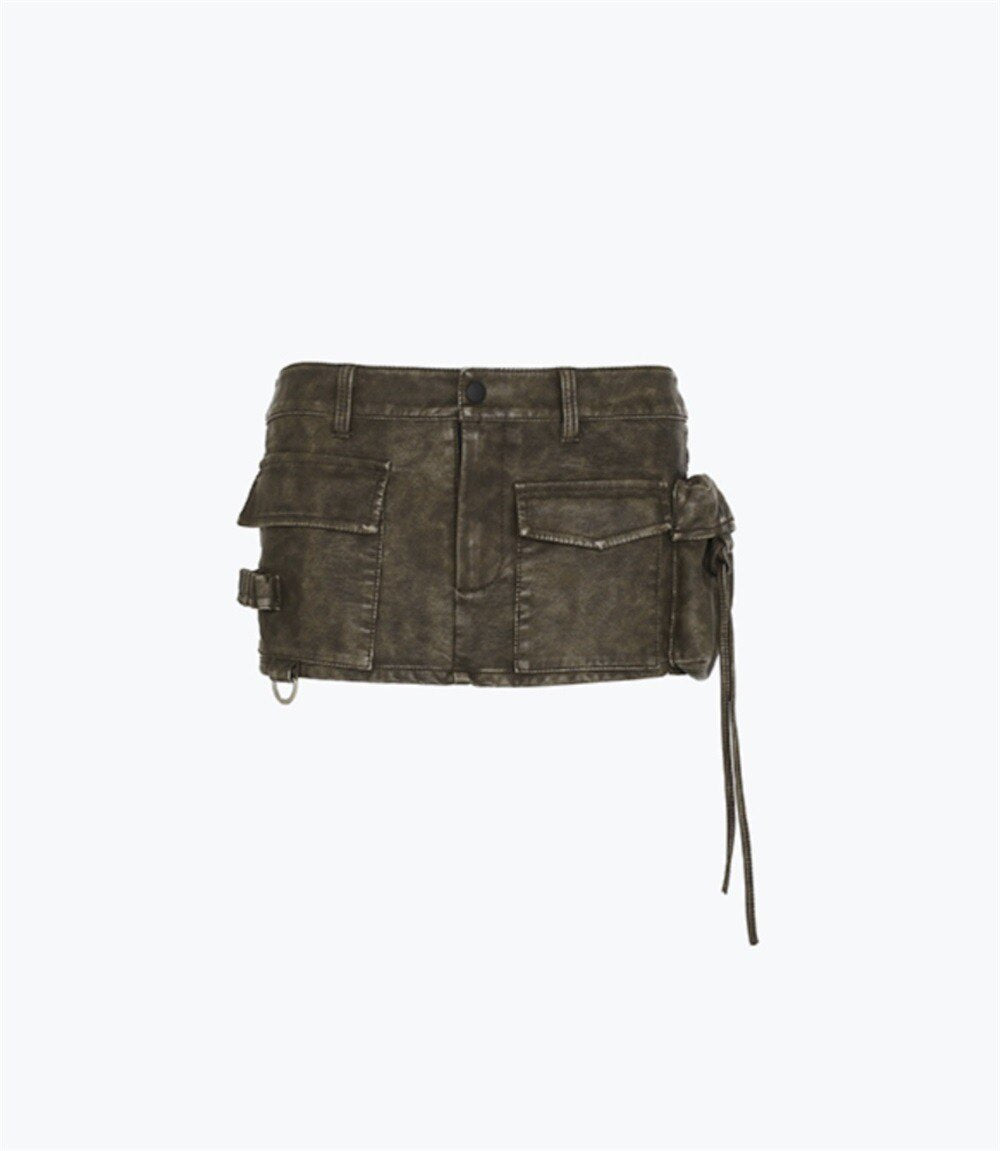 Brown Distressed Leather Cargo Mini Skirt