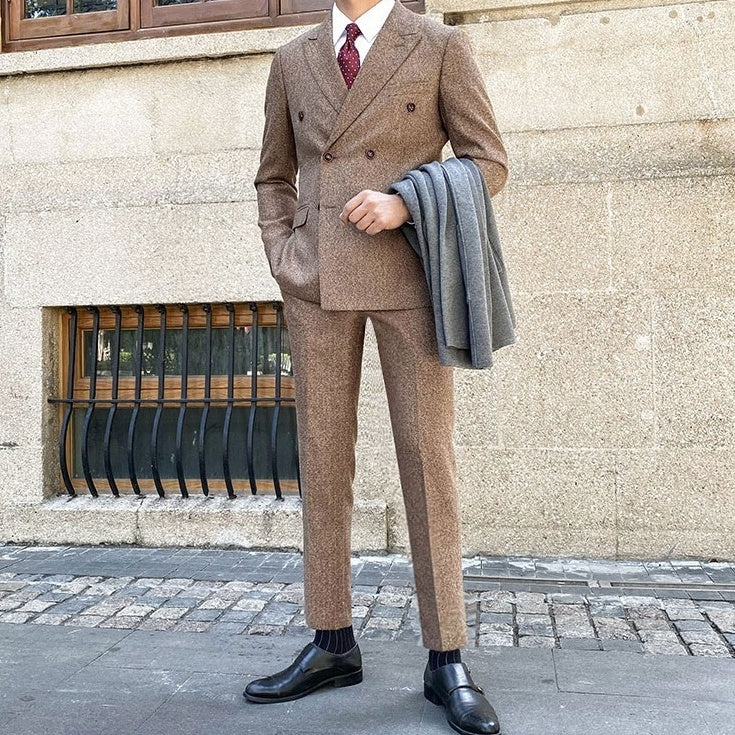 Brown Double-Breasted Suit Blazer And Pants Set