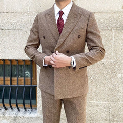 Brown Double-Breasted Suit Blazer And Pants Set