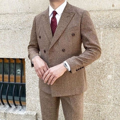 Brown Double-Breasted Suit Blazer And Pants Set