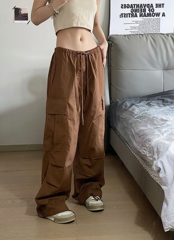 Brown Drawstring Multi-Pocket Pants