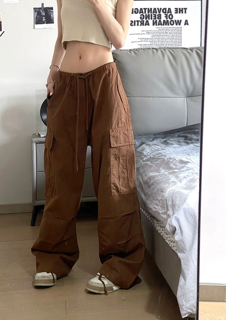 Brown Drawstring Multi-Pocket Pants