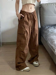 Brown Drawstring Multi-Pocket Pants