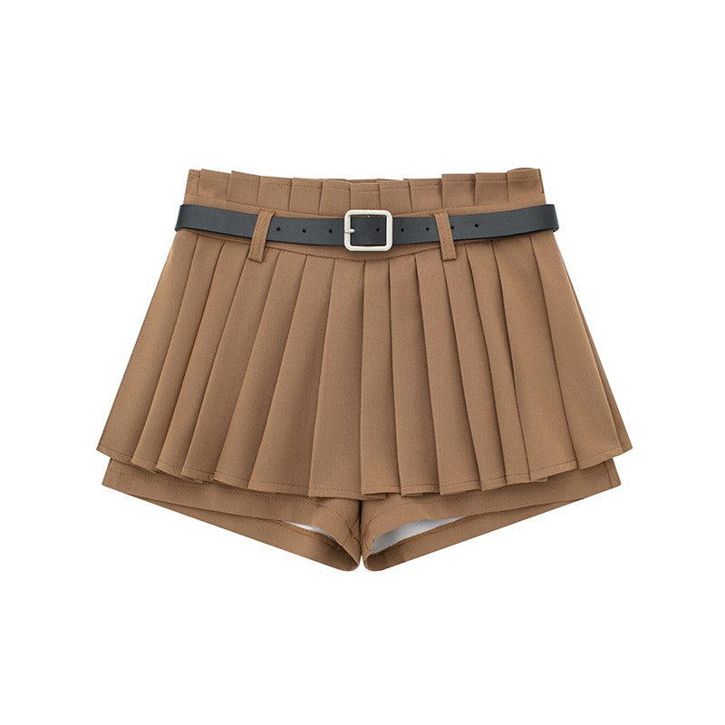Brown Exposed Shorts Pleated Skirt