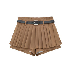 Brown Exposed Shorts Pleated Skirt